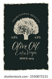 vector label with cardboard texture for olives or olive oil with olive tree design in retro style. Suitable for designing logo, sticker, banner