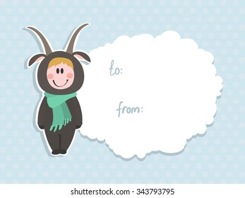 Vector label with the child in the costume of goats. Eastern horoscope. Zoo. Children in pajamas for your design
