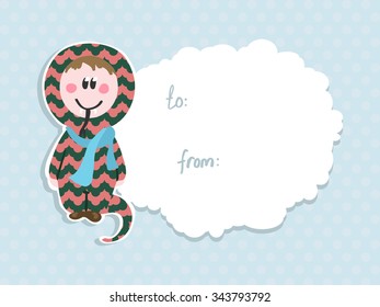 Vector label with the child in the costume of a snake. Eastern horoscope. Zoo. Children in pajamas for your design