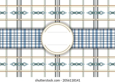 Vector label circle empty space with geometric ethnic oriental horizontal and blue lines overlap with horizontal gray lines for packaging paper