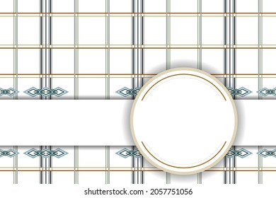 Vector label circle empty space with geometric ethnic oriental horizontal and blue lines overlap with horizontal gray lines for packaging paper