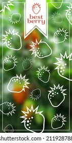 vector label with the contours of strawberry on a green blurred background