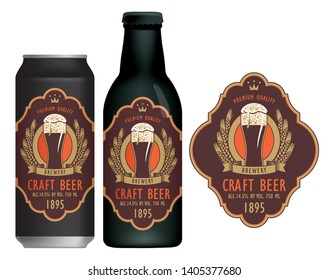 Vector label for craft beer with a overflowing glass of frothy beer, coat of arms, ears of wheat and ribbon in figured frame in retro style. Sample label on beer can and beer bottle