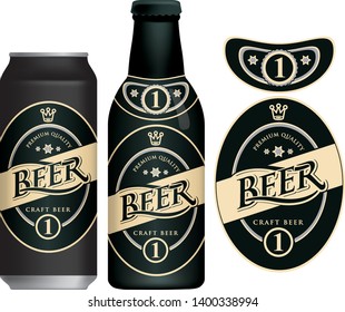 Vector label for craft beer in retro style, decorated by crown and stars in oval frame. Sample beer label on beer can and beer bottle