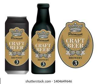 Vector label for craft beer in retro style, decorated by wheat or barley ears, hops and crown in figured frame. Sample beer label on beer can and beer bottle
