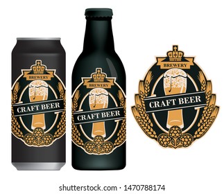 Vector label for craft beer in retro style on black background, decorated by wheat or barley ears, hops and overflowing glass of frothy beer. Sample label on beer can and beer bottle