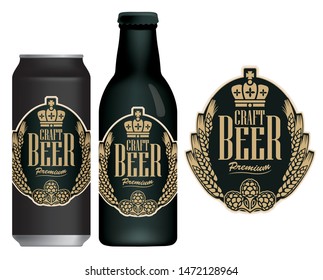 Vector label for craft beer in retro style, decorated by wheat or barley ears and crown. Sample beer label on beer can and beer bottle