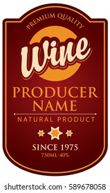 Vector label in curly frame for wine on burgundy background in retro style