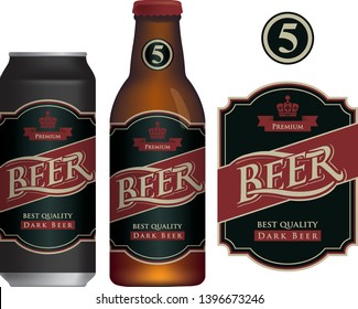 Vector label for dark beer in retro style on black background, decorated by crown and ribbon. Sample beer label on beer can and beer bottle