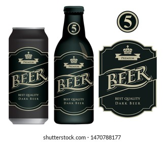 Vector Label For Dark Beer In Retro Style On Black Background, Decorated By Crown And Ribbon. Sample Beer Label On Beer Can And Beer Bottle