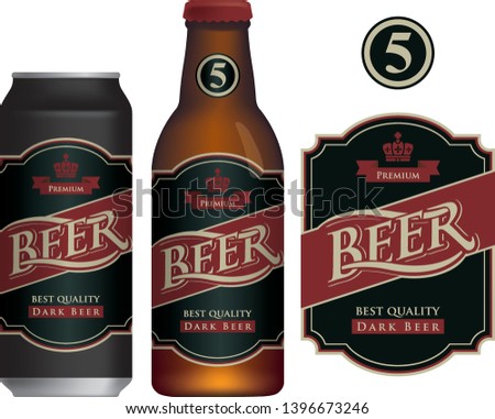Vector label for dark beer in retro style on black background, decorated by crown and ribbon. Sample beer label on beer can and beer bottle