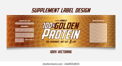 Vector label design for "100% GOLDEN Protein" supplement, "Vanilla" flavor, featuring golden and brown tones with a glossy finish. textured background.