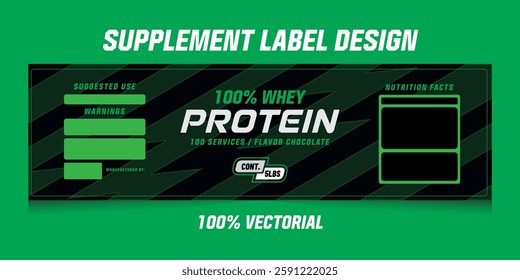 Vector label design for sports supplement, bold, in vibrant green colors and dynamic shapes