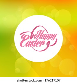Vector label element of easter holiday on magical background with colorful bokeh . Perfect as template for greeting card 