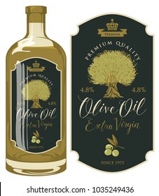 Vector label for extra virgin olive oil with handwritten calligraphic inscription, olive tree and olive sprig with green olives in retro style. Template label on glass bottle