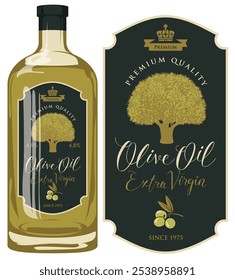 Etiqueta de Vector para aceite de oliva virgen extra con diseño de olivo en marco figurado sobre fondo negro en estilo retro. Etiqueta de la Plantilla en la botella de vidrio