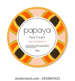 Etiqueta vectorial de crema facial con imagen de papaya. Aloe vera y vitamina E. Pegatina en la tapa de un frasco redondo