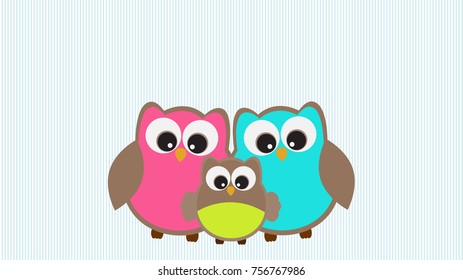 Vector label. Family cuddling owls on striped background.