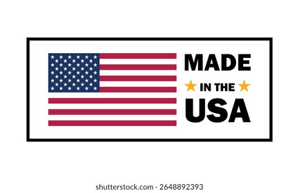 Vector label featuring the American flag and bold text "Made in the USA" with stars. Ideal for product labeling, patriotic themes, manufacturing origin tags, or promotional graphics.