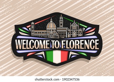 Etiqueta vectorial para Florencia, etiqueta decorativa negra con ilustración de contorno de célebre paisaje de florencia en el fondo del cielo del atardecer, imán de diseño de frigorífico con letras únicas para bienvenida a florencia.