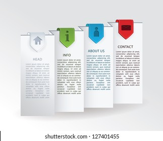 Vector label - folded paper with four colorful ribbon marks and simple icons for your website.