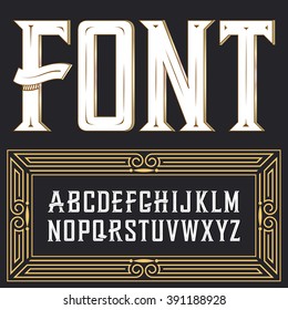 Vector label font with art deco ornament.  Font, good to use in any style labels of alcohol drinks. Business card, leaflet and other printing production. ABC. Alphabet with decoration