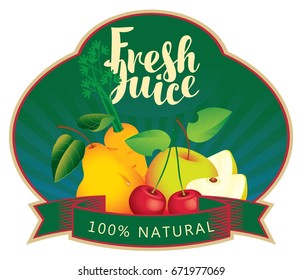 Vector label for fresh juice with inscription and various fruits, berries and vegetables on green background in curly frame with ribbon