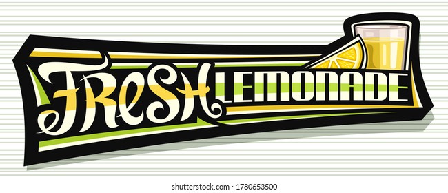 Vector label for Fresh Lemonade, dark decorative signage with illustration of lemon slice and lemonade in glass, fruit concept with unique lettering for words fresh lemonade on grey striped background