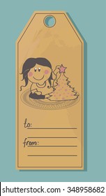 Vector label with girl and Christmas tree for your design