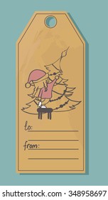 Vector label with girl and Christmas tree for your design