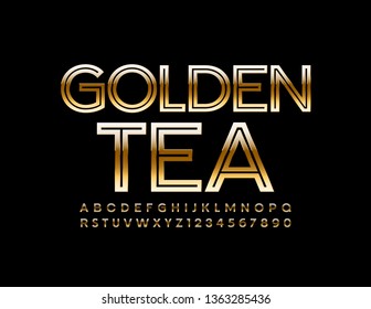 Vector label Golden Tea with Modern Font. Elegant Alphabet Letters and Numbers