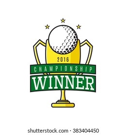 Vector label of golf winner. Logo of championship winner with golden cup. Vector illustration.