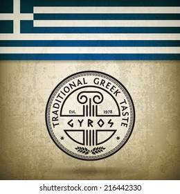 Vector Label for Greek Gyros on Grunge Background and Flag