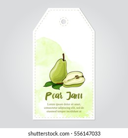 vector label of green pear jam with watercolor background