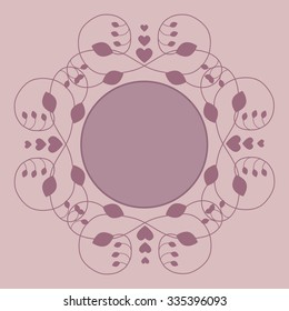Vector label, greeting card decorated with a border of scrollwork with leaves and hearts with blank space for photo or text