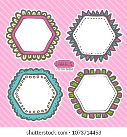 Vector label hexagon doodle line hand drawing style colorful on pink background