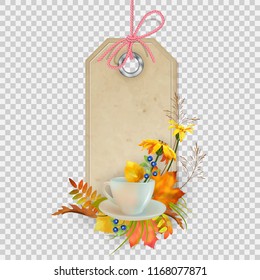 Vector label with holiday autumn composition with a cup, autumn leaves and flowers