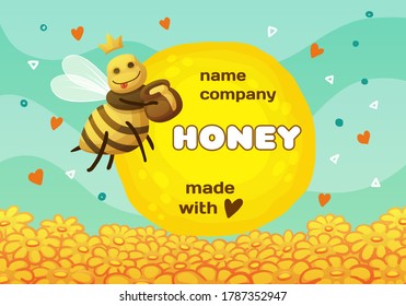 Vector label for honey product packaging, bee gathering honey with a pot cartoon funny illustration