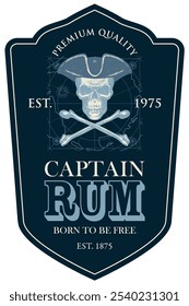 Vector label with the inscription Captain Rum. Hand-drawn human skull in a pirate hat and crossbones on a dark background with map in retro style.