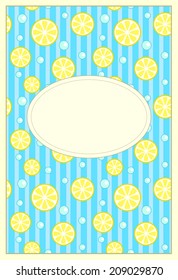 Vector label for lemon jam or lemonade, with lemon slices on striped blue background