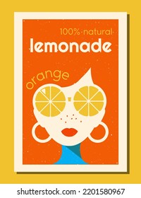 Vector label for lemonade. Retro design of orange lemonade packaging. Girl wearing round glasses in the shape of citrus. Finished illustration for fruit drink