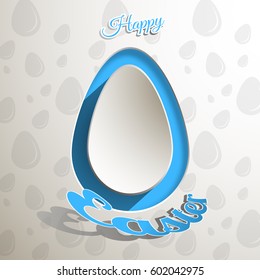 Vector label of light gray Easter egg with shadow, pattern from eggs silhouettes and text on the blue background.