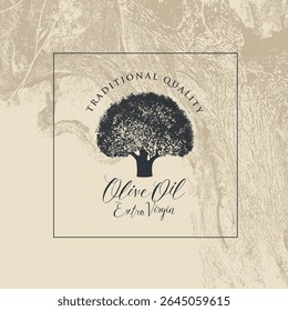 Rótulo vetorial ou logótipo para azeitonas ou azeite com oliveira velha, moldura e elegante caligrafia em estilo retrô. Embalagem, adesivo, banner. Nenhuma IA usada