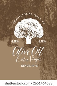 Vector label or logo design for olives or olive oil with old olive tree and elegant calligraphic lettering in retro style. Packaging, sticker, banner. No AI used