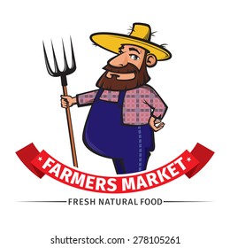 vector label or logo  with friendly farmer and his pitchfork