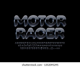 Vector label modern Motor Racer. 3D Black and Metallic Font. Glossy Alphabet Letters, Numbers and Symbols