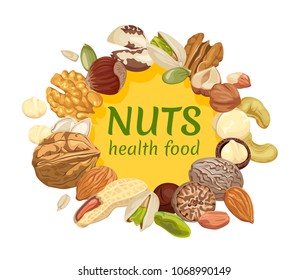 Vector label with nuts and seeds on white. Illustration in flat style. Cashew, hazelnut, almond, brazil nut, walnut, peanut, pistachios, macadamia, pecan, nutmeg, pumpkin seeds, sunflower seeds.