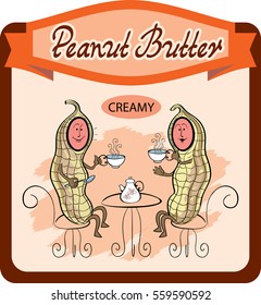 Vector label on peanut butter with a humorous picture of the peanut pods