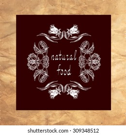 Vector label. Organic product badge. "Natural Food" hand written lettering.