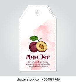 vector label of plum jam with watercolor background